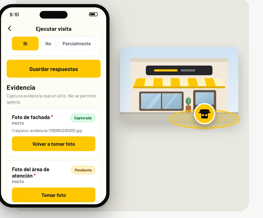 La pantalla de la visita en la app, con las fotos que hay que tomar, junto al dibujo de la sucursal.
