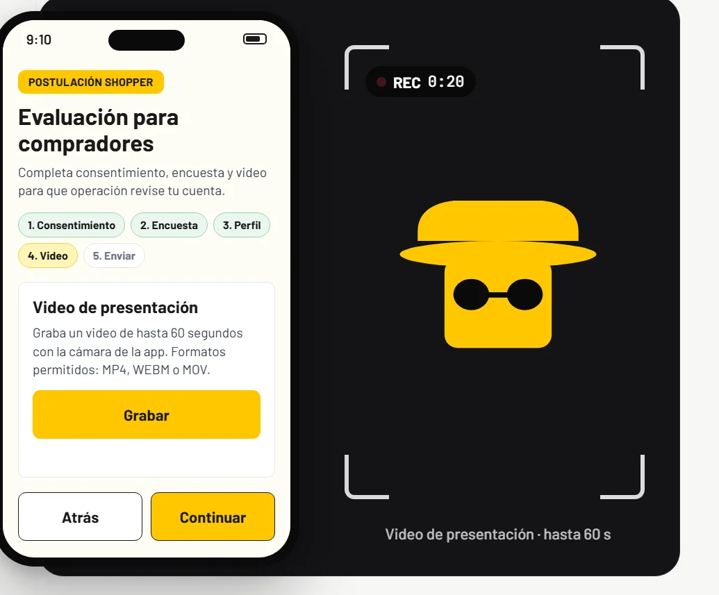 La postulación en la app: el cuestionario y la grabación del video de presentación.