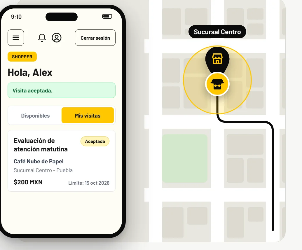 La visita aceptada en la app y la ruta en el mapa hasta la sucursal.