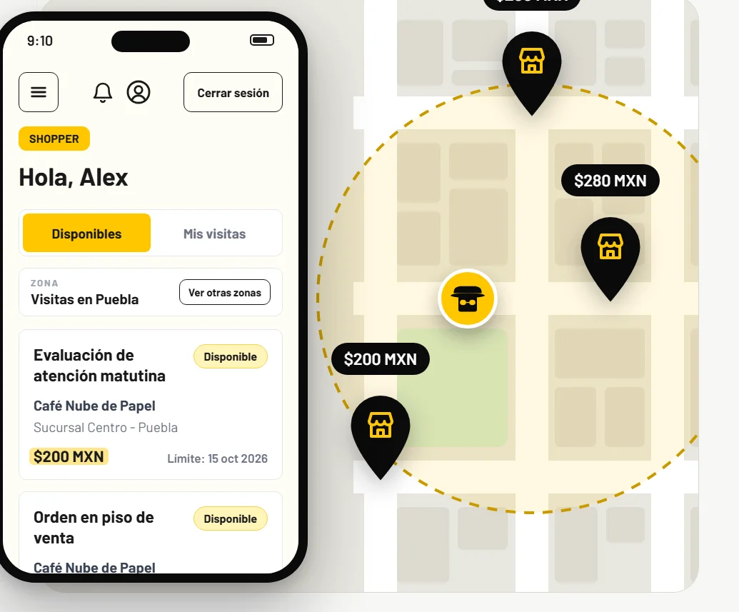 La lista de visitas disponibles en la app, junto al mapa de la zona con las sucursales.