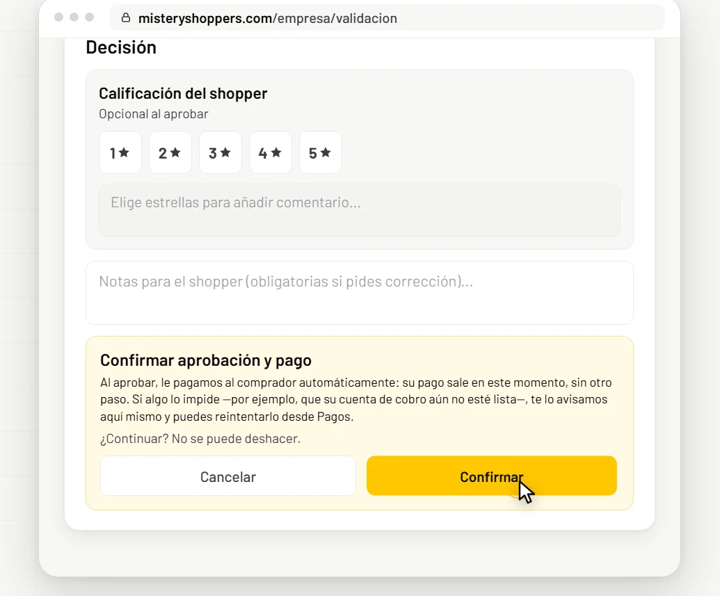 La confirmación de aprobación y pago, con la calificación del comprador y las notas.