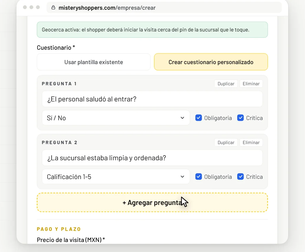 La pantalla para crear una visita: dos preguntas del cuestionario, una de sí o no y otra de calificación del 1 al 5.