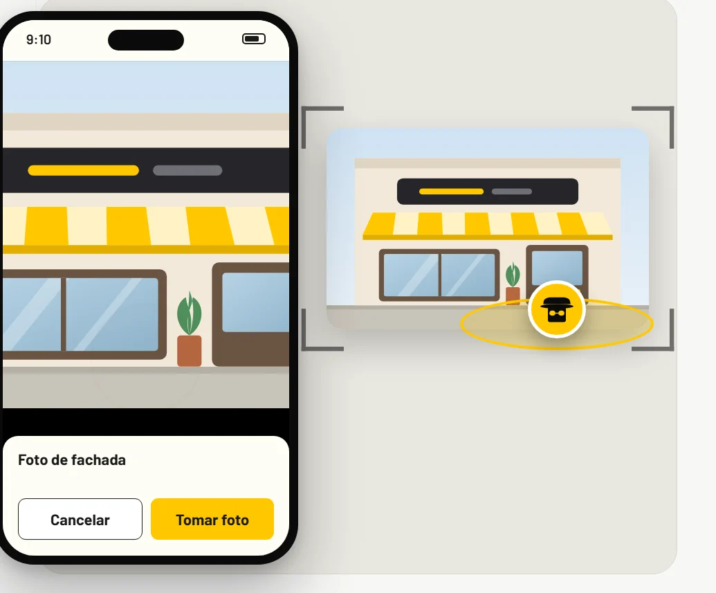 La app del comprador tomando la foto de la fachada, junto al dibujo de la sucursal con su ubicación.